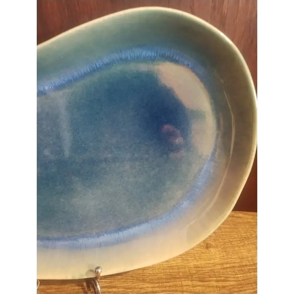 Coastal Blue Green Pottery Crescent Serving Dish Tray Stoneware Kidney 14 x 9